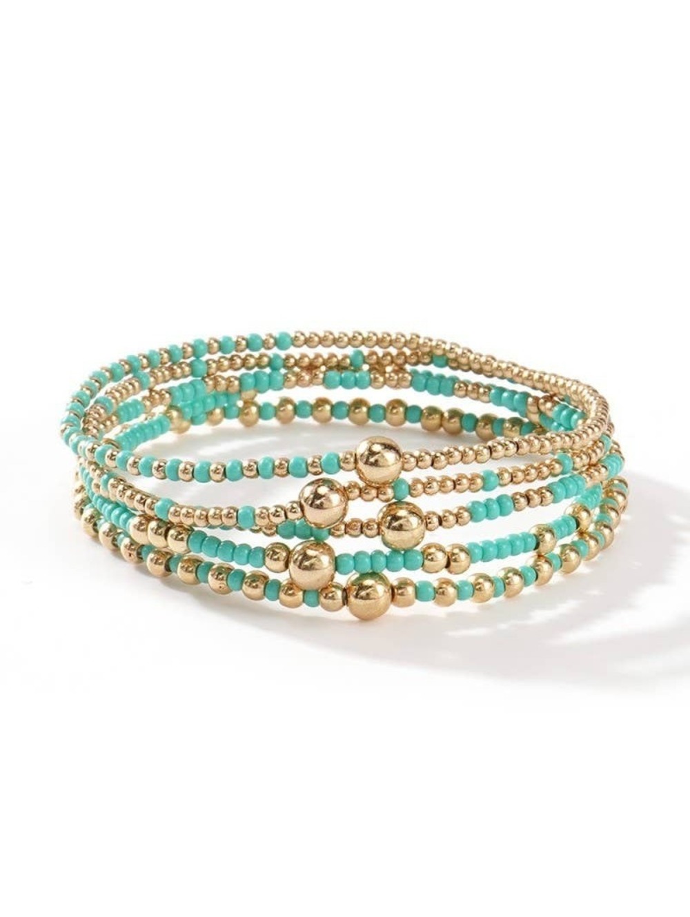 Multi Layer Ball Chain Beaded Stretch Stack Bracelet Turquoise Gold